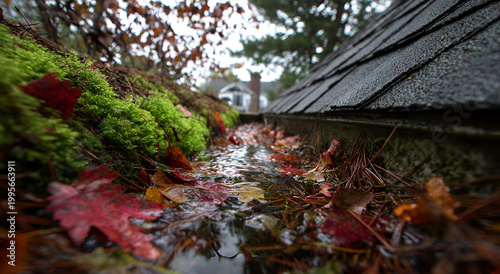 Rainy autumn day with clogged gutters full of leaves and moss.
