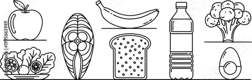 Black and white line of eight food line black and white apple banana bottle broccoli
