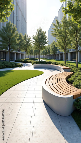 Modern minimalist park design featuring a curved concrete and wooden bench with landscaped greenery and smooth stone pathway in a clean, serene outdoor architectural environment