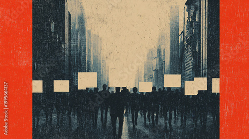 A group of protesters marches down a deserted Wall Street, holding signs with historical financial quotes, in a dystopian future cityscape with cyberpunk elements
