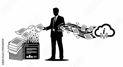 Business professional managing overflowing paperwork and financial documents with digital cloud technology