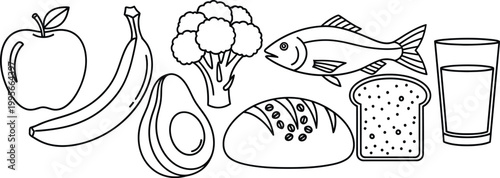 Black and white line of healthy food and drink apple banana cauliflower fish glass