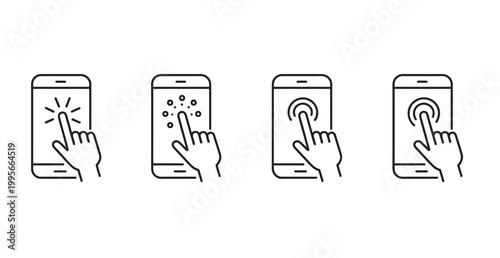 Four icons illustrating finger gestures on a smartphone screen for digital interaction.