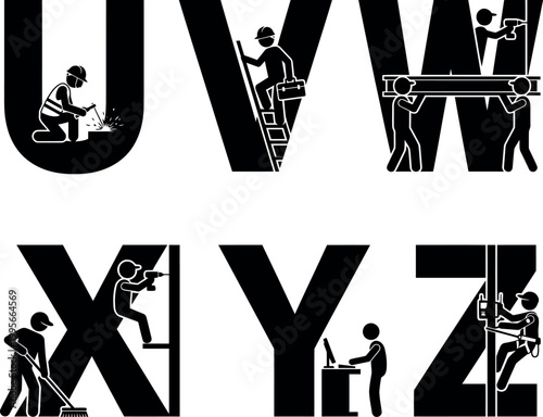 Alphabet letters formed by workers performing various construction jobs