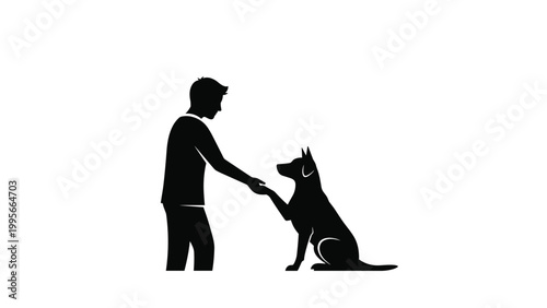 Black silhouette of a man shaking hands with his loyal dog sitting in front of him against a plain white background symbolizing true friendship.