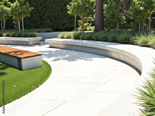 Modern minimalist park design featuring a curved concrete and wooden bench with landscaped greenery and smooth stone pathway in a clean, serene outdoor architectural environment