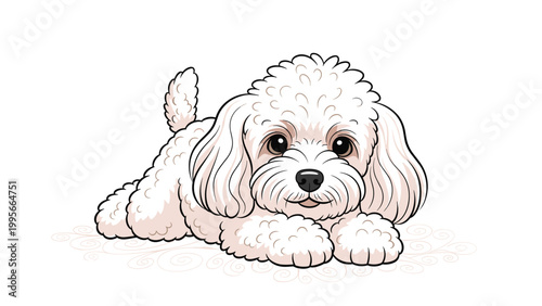 Adorable white fluffy puppy with large dark eyes lying down on a decorated rug in a cute and charming illustration for a children book cover.