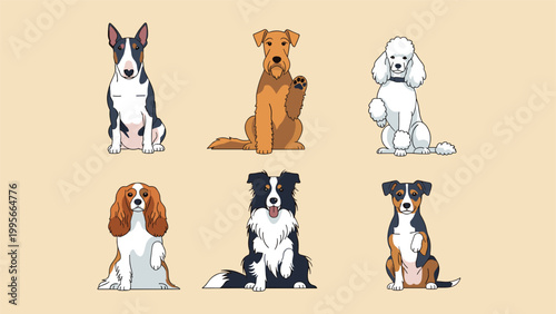 Collection of six various dog breeds sitting in a row showing different sizes shapes and colors on a neutral beige background for pet owners.