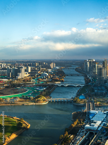Aerial view of modern cityscape with a river flowing through Tongzhou, Beijing, China