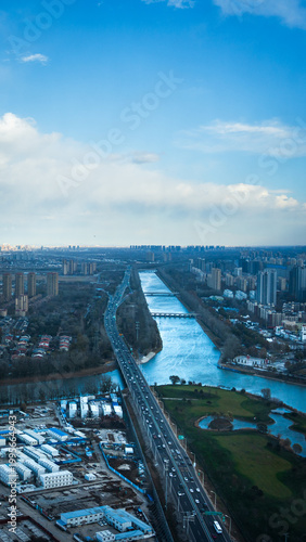 Aerial view of urban development and ecological river symbiosis in Tongzhou, Beijing