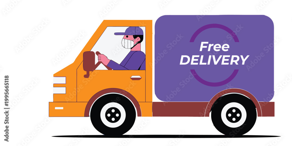 Fototapeta premium Cartoon back to school bus and delivery truck vector illustration for freight transport and shipping service.