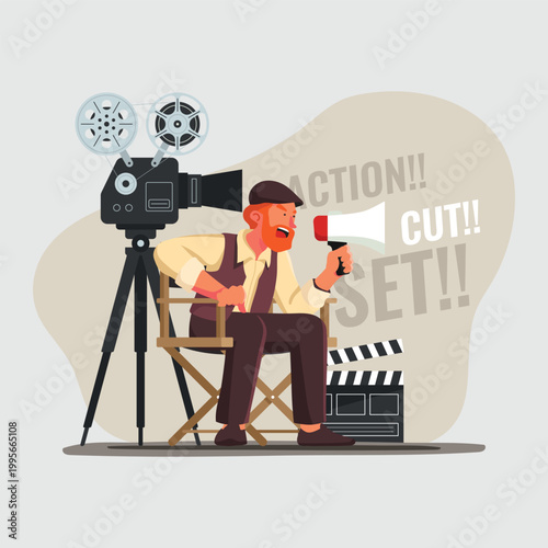 Film director shouting through megaphone on movie set illustration 