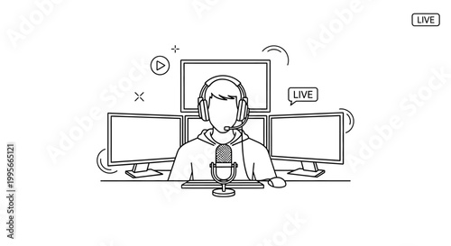 Business professional conducting live video conference call with headset in home office