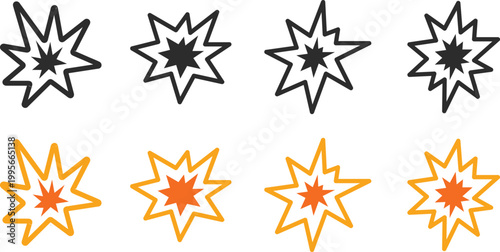Comic style explosion burst icon set for action effects, stickers, and pop graphic elements.
