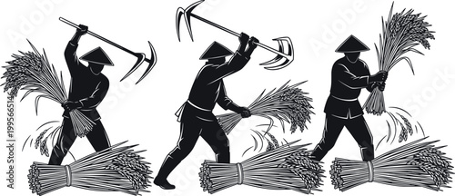 Silhouette of Asian Farmers Harvesting Rice with Hand Tools Isolated on White Background for Traditional Agriculture and Organic Farming 