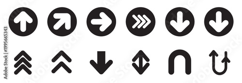 Collection of black arrow icons in circles and abstract shapes for direction and navigation