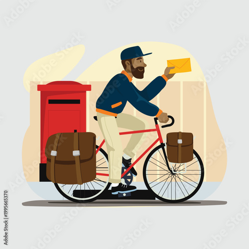 Postman riding bicycle delivering mail with red post box illustration 