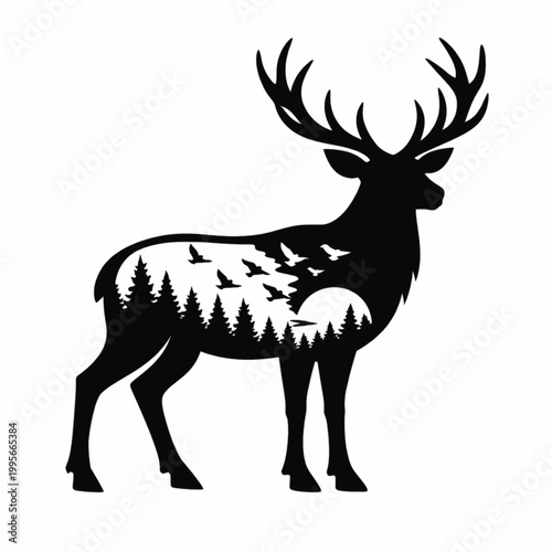 Deer Silhouette with Forest Birds Sunset Double Exposure Vector Illustration