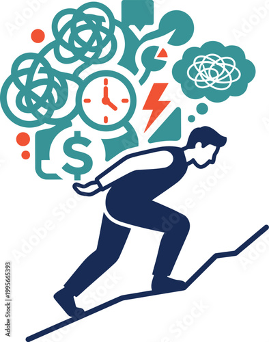 Business Burnout and Stress Vector Illustration - Man Carrying Heavy Financial Mental Burden