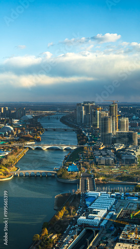 Aerial view of modern cityscape with a river flowing through Tongzhou, Beijing, China