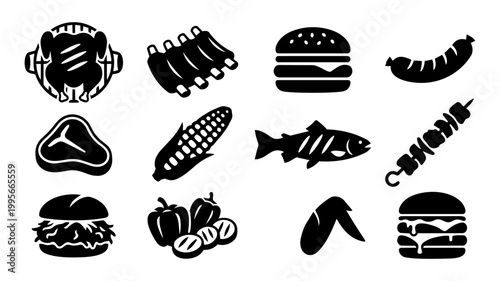 BBQ Food and Grilled Meat Silhouette Set – Barbecue Dishes and Grill Menu Icons