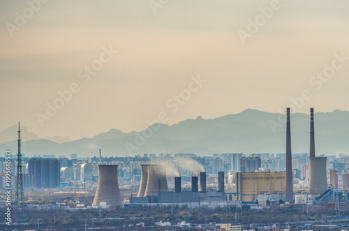 Beijing city skyline with thermal power plant and industrial landscape, China