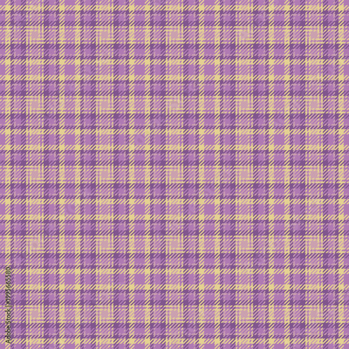 Vertical background fabric tartan, sample check texture pattern. Neutral vector textile plaid seamless in purple and yellow colors.