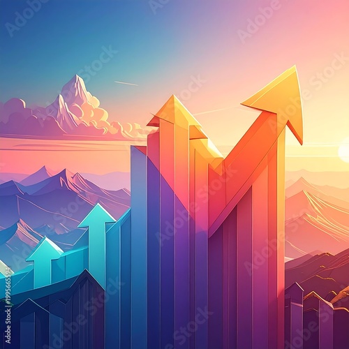 Colorful arrows rising upwards, mountains, and sunset landscape