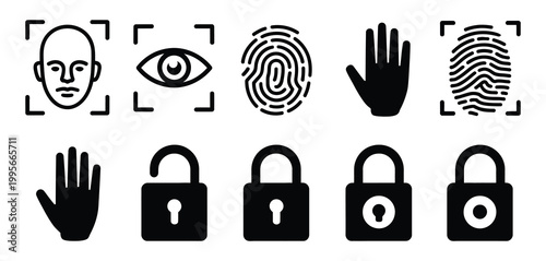 Biometric authentication and security icons set including facial recognition, fingerprint and padlock, showcasing futuristic security interface design, multi factor authentication concepts, cyber 