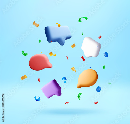 3D speech bubble icons floating with colorful confetti on blue. Social media communication concept. Online chat message notification and celebration design element. Vector illustration