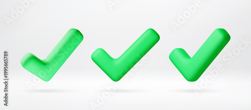 3D Green check mark symbols isolated on white background. Glossy checkmark icons for quality control. Accept task and approve validation concept for web interface design. Vector illustration