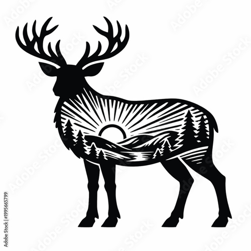 Majestic Deer Silhouette with Mountain Landscape Double Exposure Vector Illustration