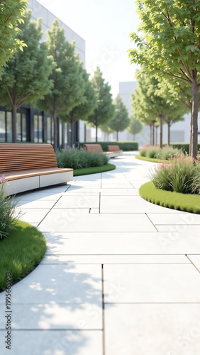 Modern minimalist park design featuring a curved concrete and wooden bench with landscaped greenery and smooth stone pathway in a clean, serene outdoor architectural environment