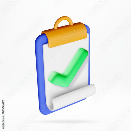 3D Clipboard with green check mark icon. Task completion, assignment success and to do list. Business productivity concept for project management and planning. Vector illustration