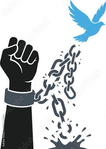 Freedom and Liberation Vector Illustration - Raised Fist Breaking Chains with Peace Dove Icon