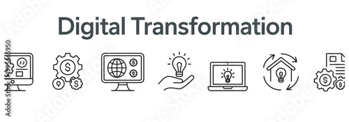 Digital transformation icons illustrating technology, innovation, and business growth concepts