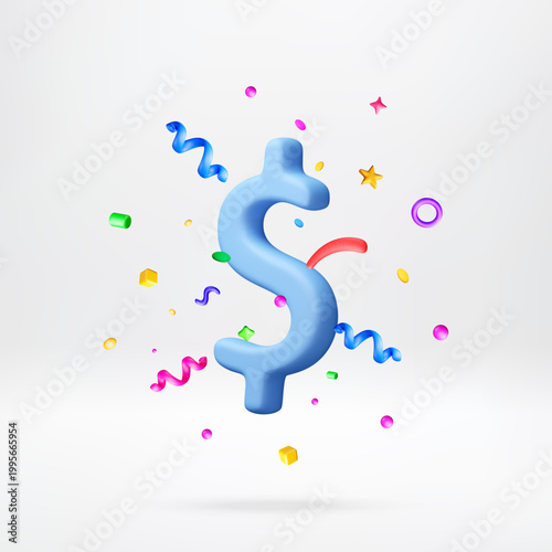 3D Blue dollar sign symbol surrounded by confetti and shapes. Currency icon for financial success, money bonus, and banking concept. Festive banking design element. Vector illustration