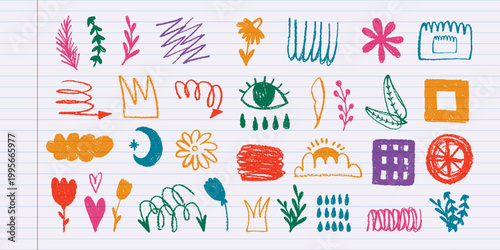 Hand Drawn Crayon Doodles With Flowers Leaves And Sun Childish Vector Illustration. Colorful wax pencil sketches on lined paper notebook background. Perfect for wedding invitations, flyers and
