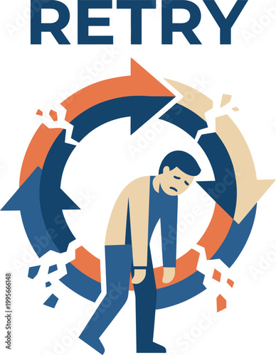 Retry Concept Illustration for Tech Failure and Business Burnout Loop | Flat Vector Graphic