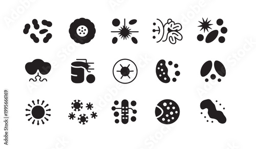 Microscopic organisms and cells, including bacteria, viruses, and microbes, science and biology icons.