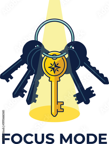 Focus Mode Productivity Icon | Golden Key Concept Illustration for Business Coaching Successes