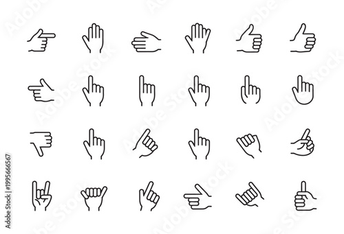 Set of hand gesture icons, showing various actions like pointing, thumbs up, and fist.