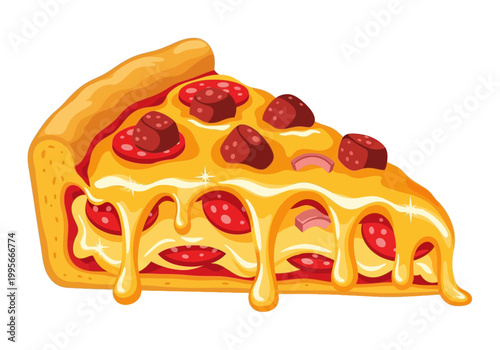 Delicious melting cheese pizza slice vector illustration with pepperoni and sausage toppings