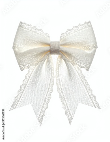 Elegant white lace ribbon bow, soft fabric texture, delicate detail, perfect for wrapping gifts, fashion accents, crafts, or decorating special occasions.