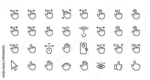 Set of hand gesture icons for touch screen technology and user interface navigation.