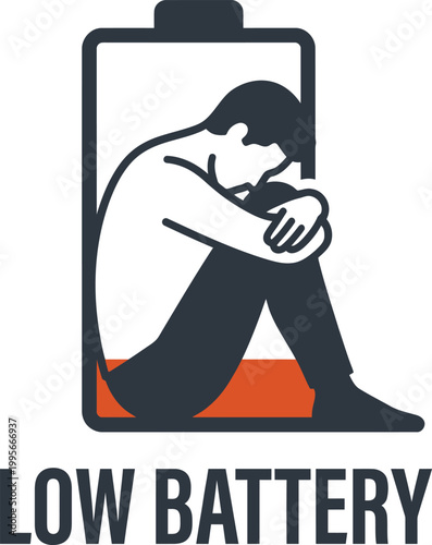 Emotional Burnout Vector Illustration | Low Battery Icon with Man for Mental Health Branding
