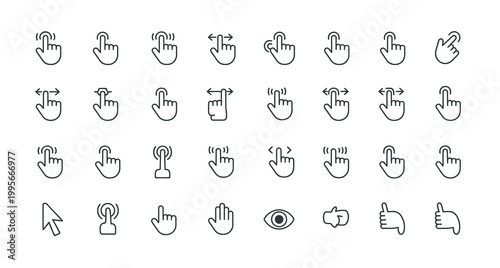 Collection of touch screen gesture icons including taps, swipes, and multi-finger interactions.