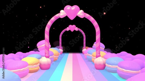 Passing through a sweet macaron corridor on a rainbow road animation. (loop)
