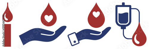 Blood donation and transfusion medical icons set featuring drops, hands, hearts, IV bags and plus signs, symbolizing emergency medicine patient care blood bank systems hospital treatment workflows and