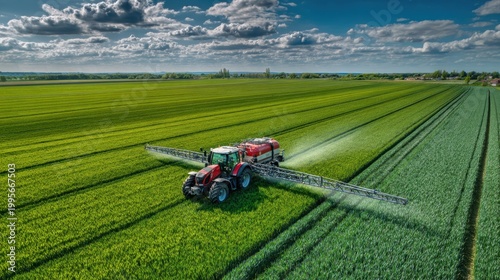 Fertilizer applicator works in wheat field under sunny sky in modern European farmland